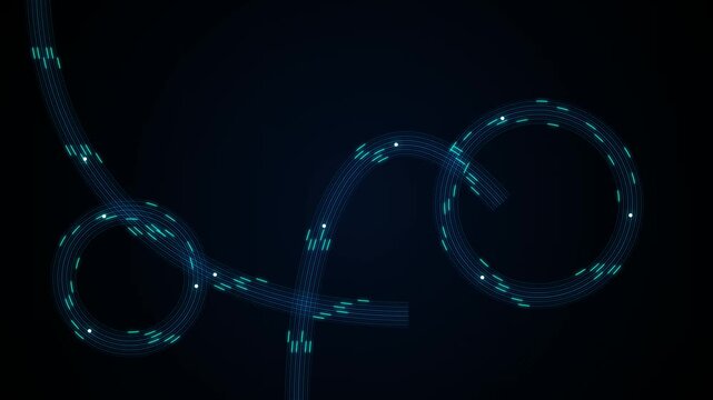 Abstract glowing blue light lines forming circles and curves on a dark background representing digital data flow connectivity and futuristic network technology concepts 4k Motion Video