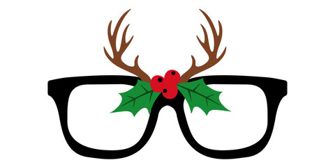 Tiempo de Navidad. Logo con dibujo sencillo de unas lentes decoradas con astas de caribú, hojas y bayas de acebo, para su uso en tarjetas y felicitaciones de Navidad  © teracreonte
