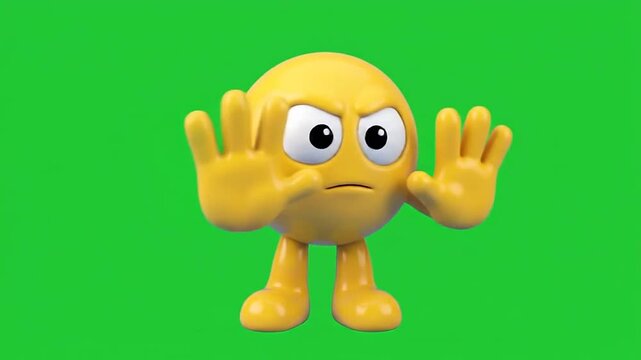 Angry 3d emoji character showing stop gesture on green screen