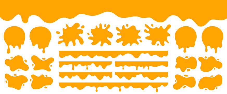 Collection of splatter sauce blob, paint, cheese splatters and borders vector illustration
