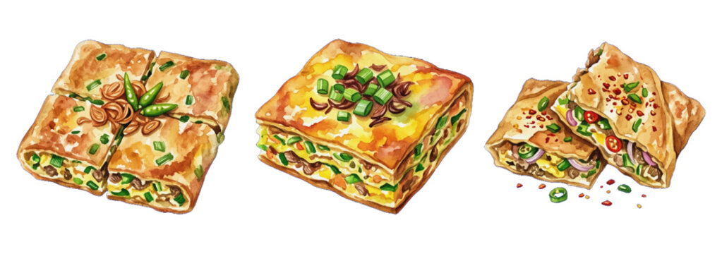 Hand drawn watercolor set of savory Indonesian martabak telur stuffed pan fried crepes