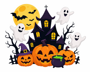 Fototapeta premium Spooky Halloween Haunted House Vector Scene with Carved Pumpkins Flying Ghosts Full Moon Witch Cauldron and Bats Illustration