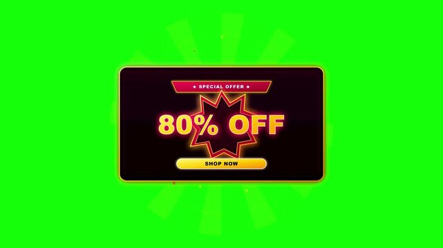 Special offer 80 percent off discount banner with shop now button on green screen background for commercial marketing and online shopping promotion.