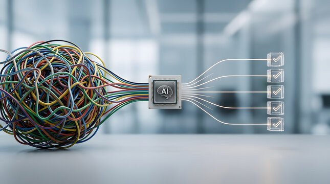 AI processing tangled wires into organized output. A metallic chip with an AI symbol connects a chaotic ball of colorful wires to a series of clean, parallel cables.