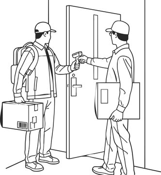 A courier scans the barcode on a package while handing it to another person at their door