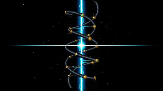 Digital representation of a dna double helix structure glowing against a dark space background