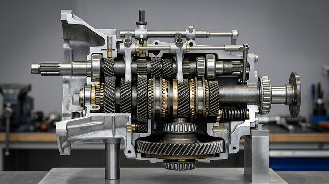 A detailed cross section of an automotive manual transmission gearbox.