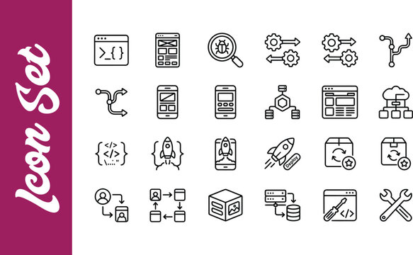 Set of hand drawn business and technology icons representing digital marketing strategy and corporate management processes