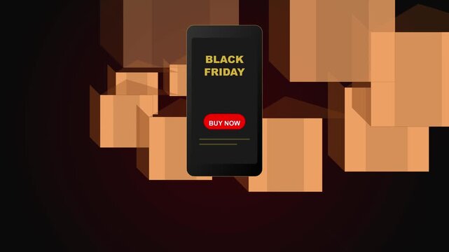 Black Friday online shopping concept featuring smartphone with buy now button and floating cardboard delivery boxes on dark background.