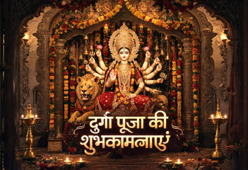 Fototapeta premium Beautifully decorated Durga Puja altar with goddess statue lion and flowers in traditional Hindu temple setting
