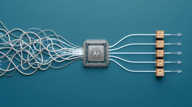 AI processing of complex data into organized outputs. A central AI chip receives tangled wires on the left and outputs neatly arranged connections on the right.