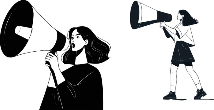 A black and white flat vector illustration depicts a woman holding a megaphone, passionately delivering an equal rights speech against a pure white background