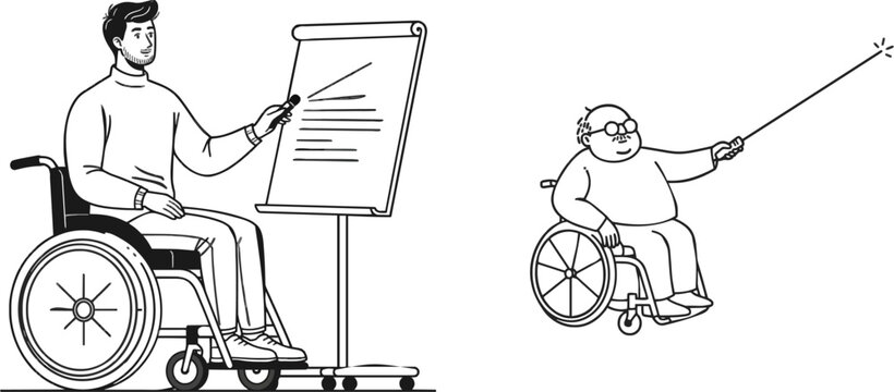 A man in a wheelchair presents an innovative project with a remote laser pointer on a pure white background