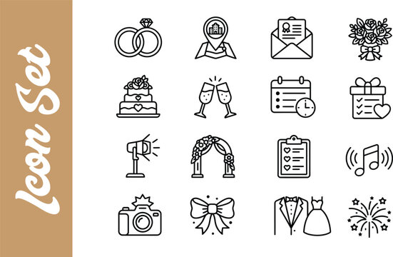 Set of wedding themed hand drawn doodle icons representing marriage celebration elements and romantic ceremony symbols