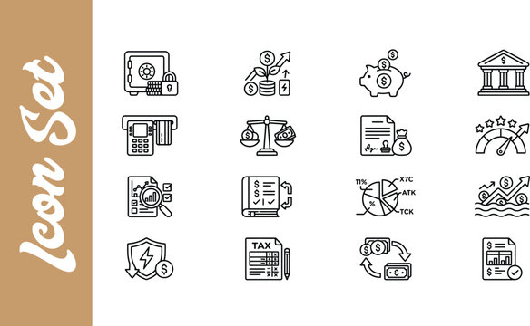 Set of black and white hand drawn business and office themed doodle icons on white background