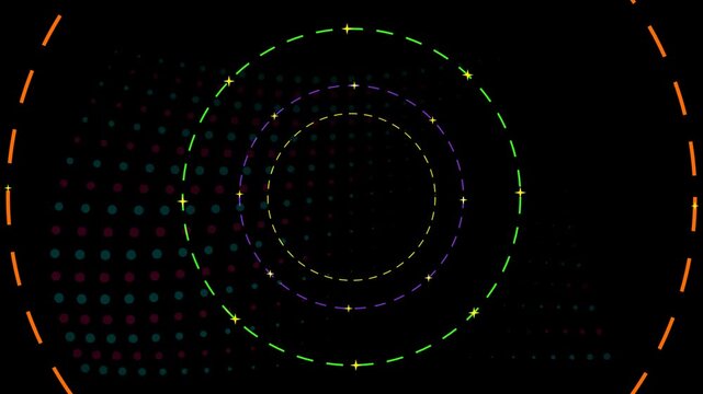 Abstract digital background with glowing neon circles and dot patterns in dark space 4k Motion Video