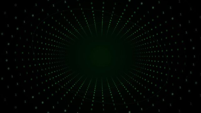 Digital binary code tunnel with green glowing ones and zeros