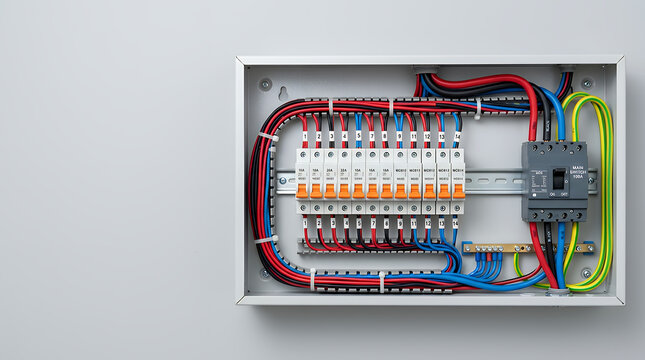 Electrical consumer unit with organized circuit breakers and wiring.