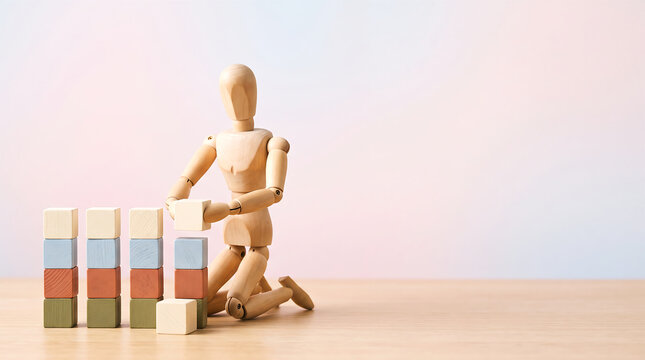 Marketing team KPI tracking and business growth building concept with wooden mannequin stacking block bar chart with copy space for performance review presentation banner