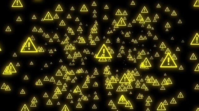 漆黒の暗黒空間を漂う無数の黄色い警告三角アイコンの抽象CG背景映像