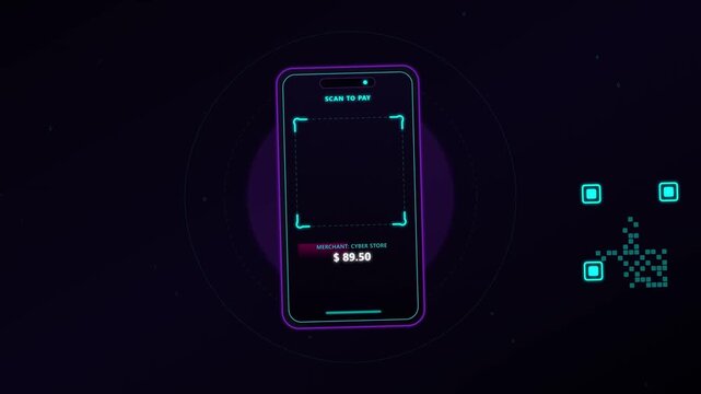 Futuristic neon smartphone interface scanning QR code for digital payment. Concept of secure e-wallet transaction, contactless mobile finance, and fintech application on dark background.