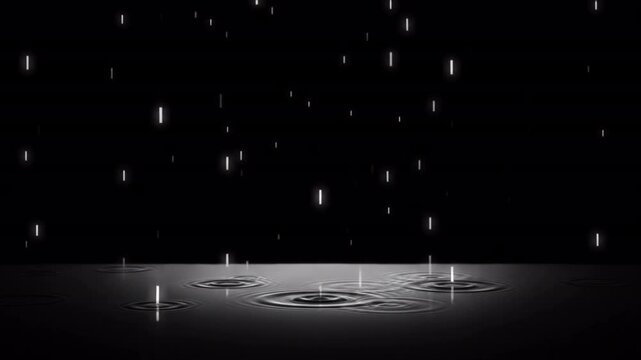 漆黒の水面に白い垂直バーが降り注ぎ同心円の波紋を広げる抽象CG背景映像
