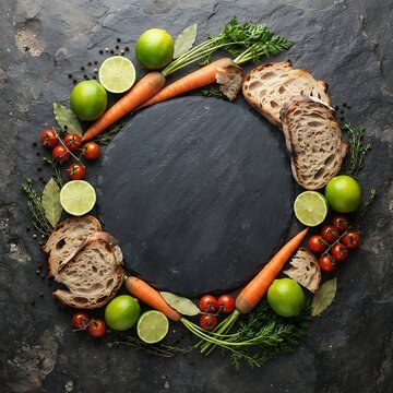 Circular frame of fresh vegetables carrots limes tomatoes and bread slices on a dark stone background