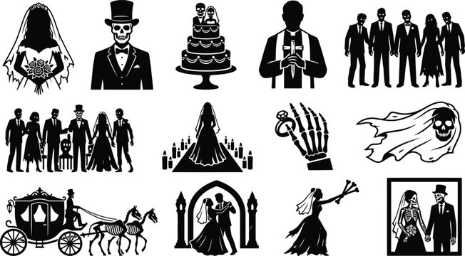 Gothic wedding silhouette collection featuring skeleton bride and groom, haunted church, carriage, and dark romantic on a white background