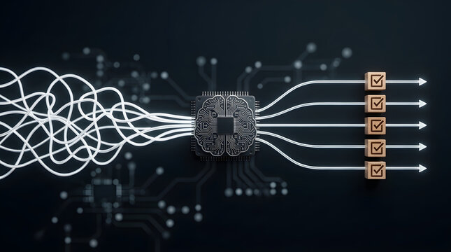 Artificial intelligence processing complex data into organized outcomes, represented by a brain chip connected to streamlined outputs