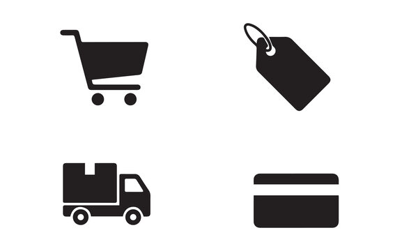 Simple black icons representing online shopping delivery discounts and payment methods