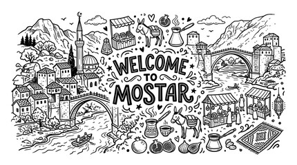 Fototapeta premium Mostar City Hand Drawn Illustration