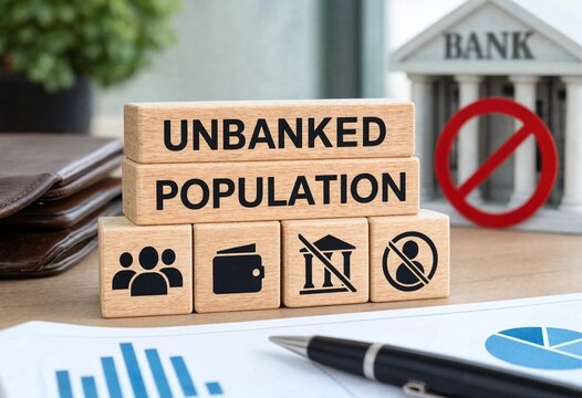 Conceptual image illustrating the unbanked population with financial exclusion symbols and bank prohibition sign