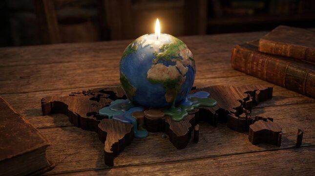 Earth globe candle melting on rustic wooden map.
