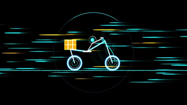 Fast delivery scooter bike moving quickly with glowing neon lights on a dark background showing a courier service concept for food and package transport in a modern city 4k Motion Video