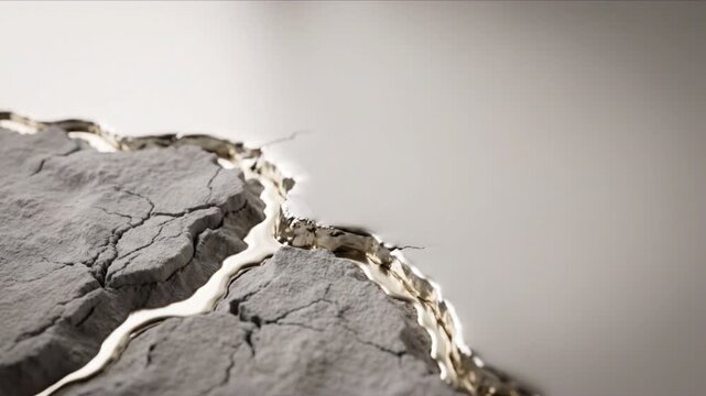 火山灰パウダーの亀裂をプラチナゴールドの液体が満たす美容イメージ抽象3DCG