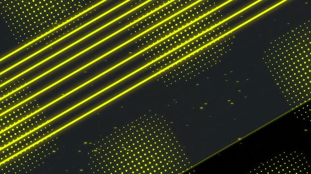 Abstract background with bright neon yellow glowing diagonal lines and dotted halftone patterns on a dark gray surface for modern digital design and technology themes 4k Motion Video