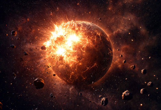 Dramatic explosion of a fiery planet in deep space with glowing debris and cosmic dust