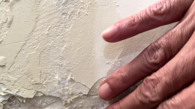Close up of hand touching peeling paint and damp wall damage