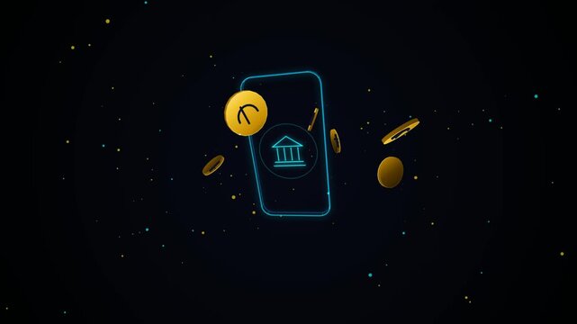 Neon smartphone with bank icon and flying gold coins on dark background for digital banking and finance mobile app concept 4k Motion Video