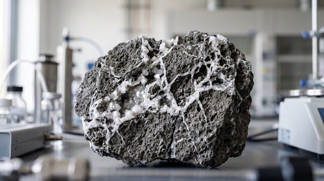 A large dark volcanic rock with white mineral veins in a laboratory setting