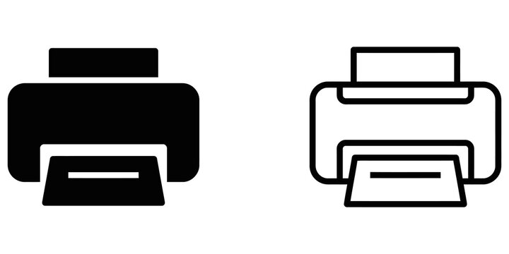 Printer icon set in black and outline styles on simple white backdrop.