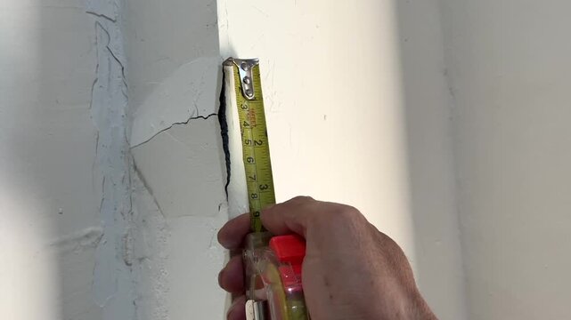 Measuring crack size on damaged wall corner with tape measure