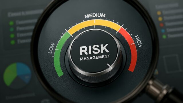 Risk management dial with a central knob and color-coded arc scale from green low to red high alongside data charts and pie graphs on a dark dashboard, underscoring the color-coded scale