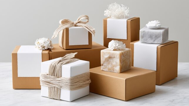 Artisan soap packaging system with kraft and white boxes, twine and marble soap for natural product branding and gift presentation