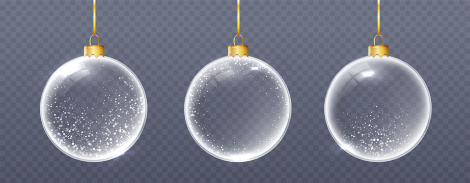 Realistic transparent Christmas ornaments with ribbon hangers, glossy glass texture, sparkling highlights, and delicate winter elements for holiday
