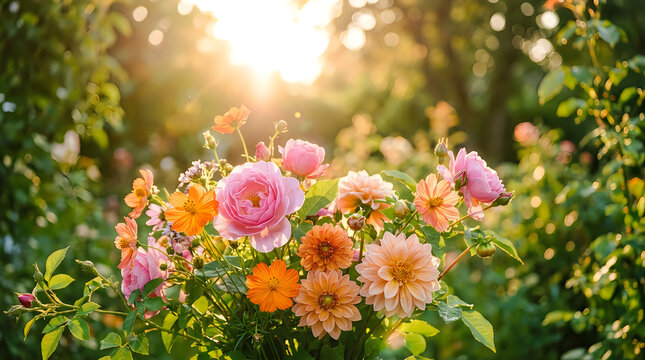 Beautiful colorful dahlia flowers blooming in a lush garden during a warm golden hour sunset