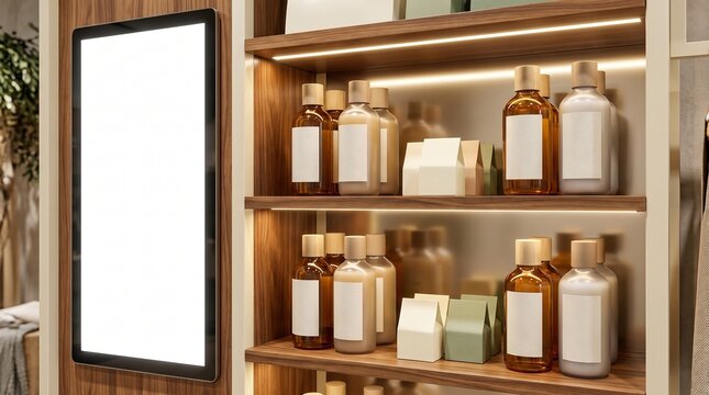 Sustainable haircare product display with blank packaging bottles and advertising board in retail store
