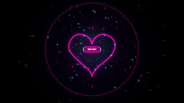 Neon pink glowing heart shape icon with a restart button in the center on a dark space background with floating light particles for digital love and gaming concepts 4k Motion Video