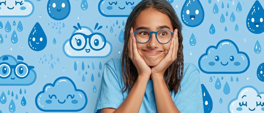 A smiling girl with glasses rests her face in her hands against a blue background filled with cartoon rain clouds and raindrops.