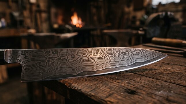 Damascus steel chef knife resting on a rustic wooden workshop table